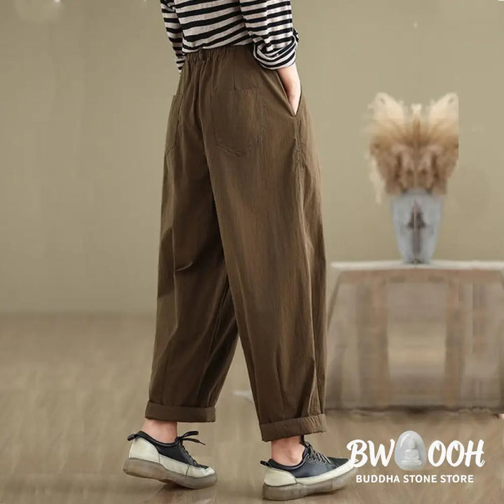 Buddha Stones Casual Solid Color One Top Button Elastic Waistband Women’s Pants With Pockets - Women’s Pants
