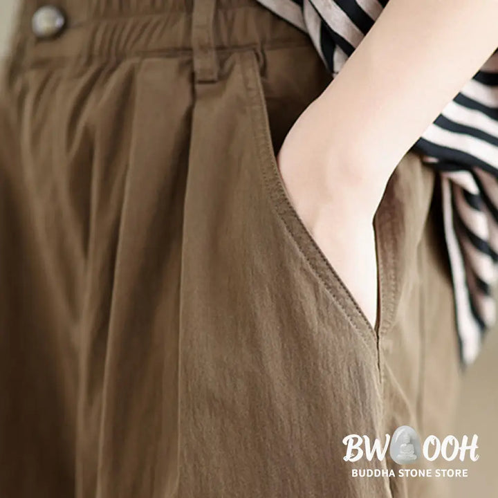 Buddha Stones Casual Solid Color One Top Button Elastic Waistband Women’s Pants With Pockets - Women’s Pants