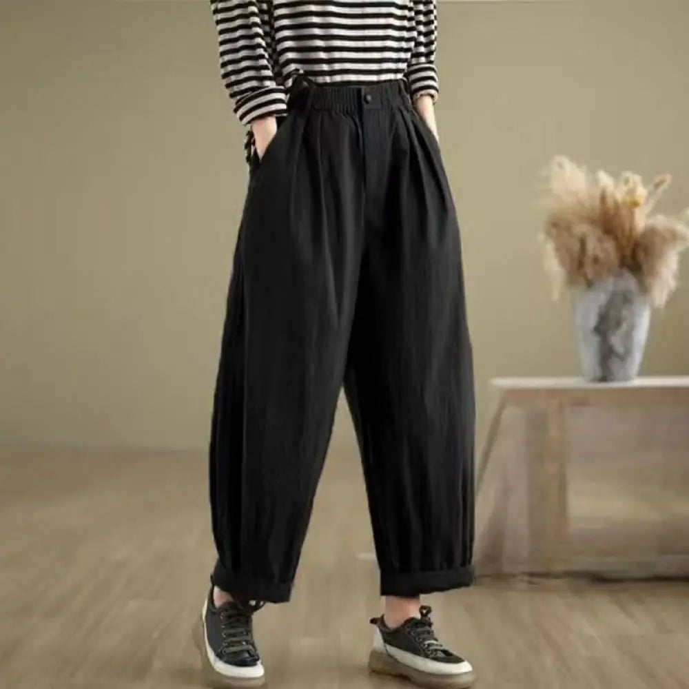 Buddha Stones Casual Solid Color One Top Button Elastic Waistband Women’s Pants With Pockets - Black / US4，UK/AU8，EU36