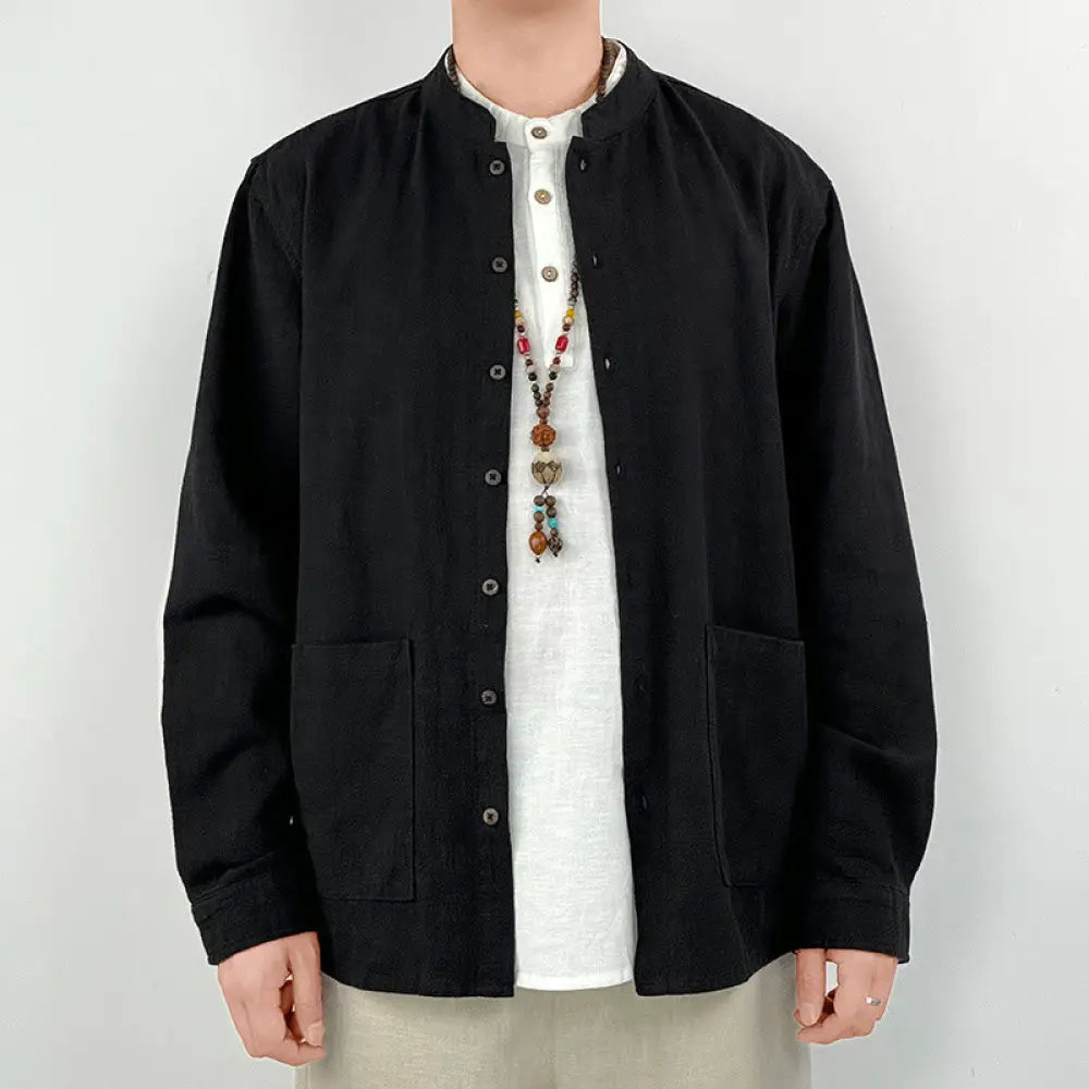 Buddha Stones Casual Solid Color Ramie Linen Cotton Men’s Shirt With Pockets - Black / US/UK/AU36，EU46 (L) - Men’s
