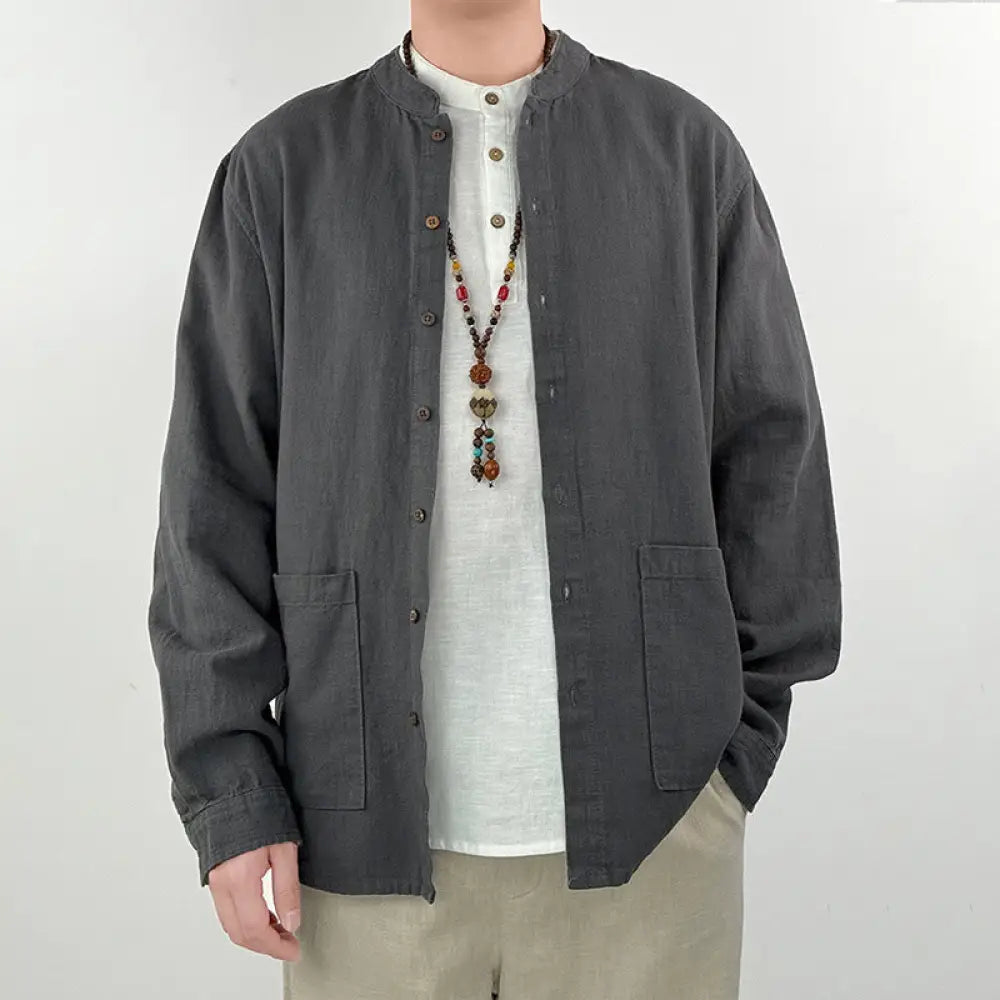 BWOOOH Casual Solid Color Ramie Linen Cotton Men's Shirt 