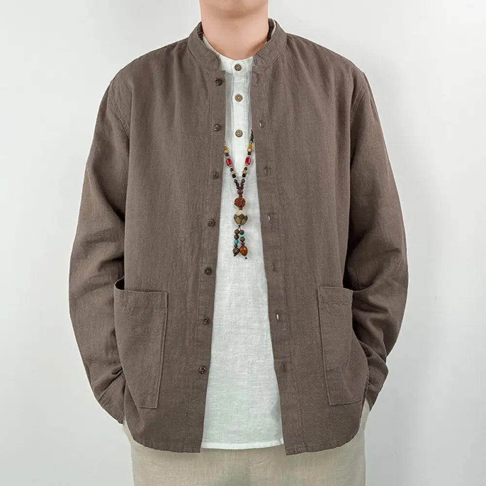 Buddha Stones Casual Solid Color Ramie Linen Cotton Men’s Shirt With Pockets - SaddleBrown / US/UK/AU36，EU46 (L)
