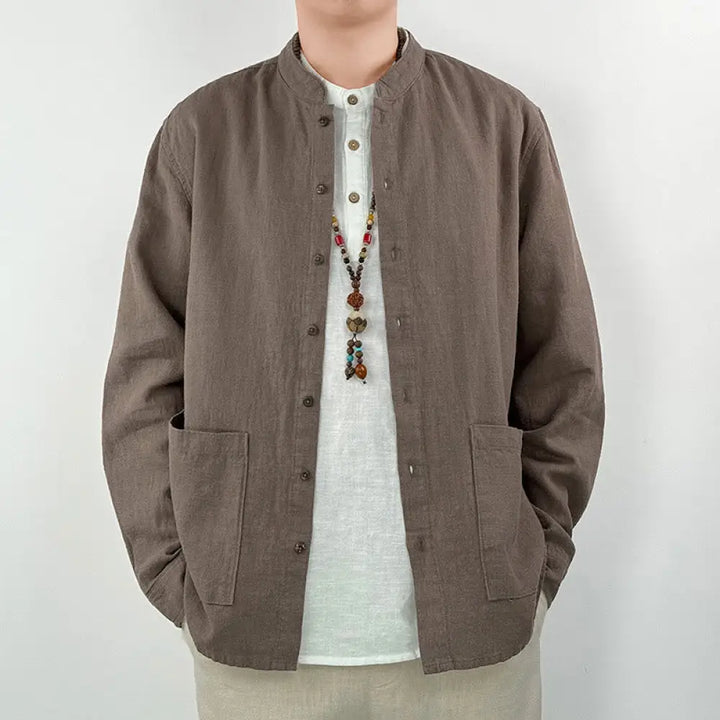 Buddha Stones Casual Solid Color Ramie Linen Cotton Men’s Shirt With Pockets - SaddleBrown / US/UK/AU36，EU46 (L)