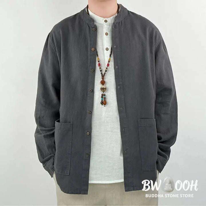 Buddha Stones Casual Solid Color Ramie Linen Cotton Men’s Shirt With Pockets - Men’s Shirts
