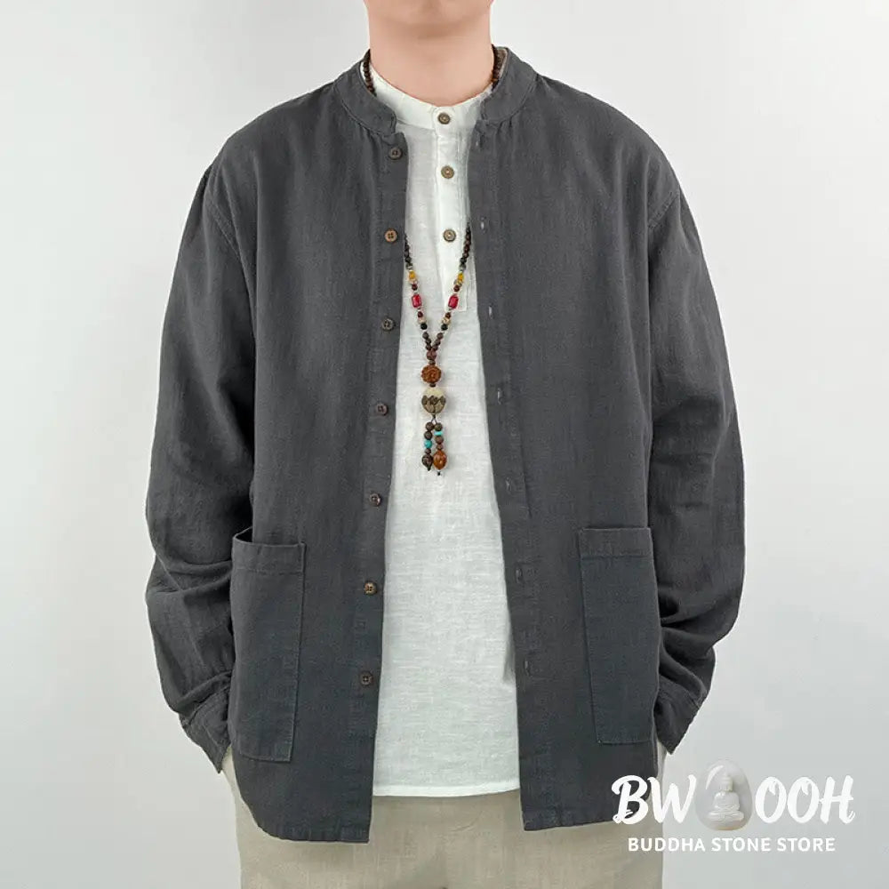 Buddha Stones Casual Solid Color Ramie Linen Cotton Men’s Shirt With Pockets - Men’s Shirts