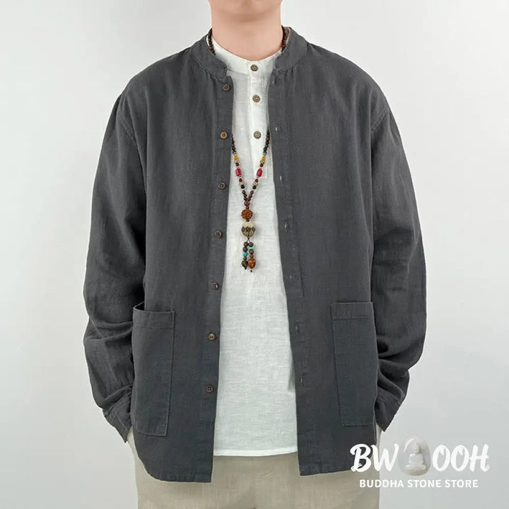 Buddha Stones Casual Solid Color Ramie Linen Cotton Men’s Shirt With Pockets - Men’s Shirts