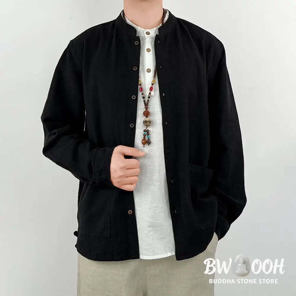 Buddha Stones Casual Solid Color Ramie Linen Cotton Men’s Shirt With Pockets - Men’s Shirts