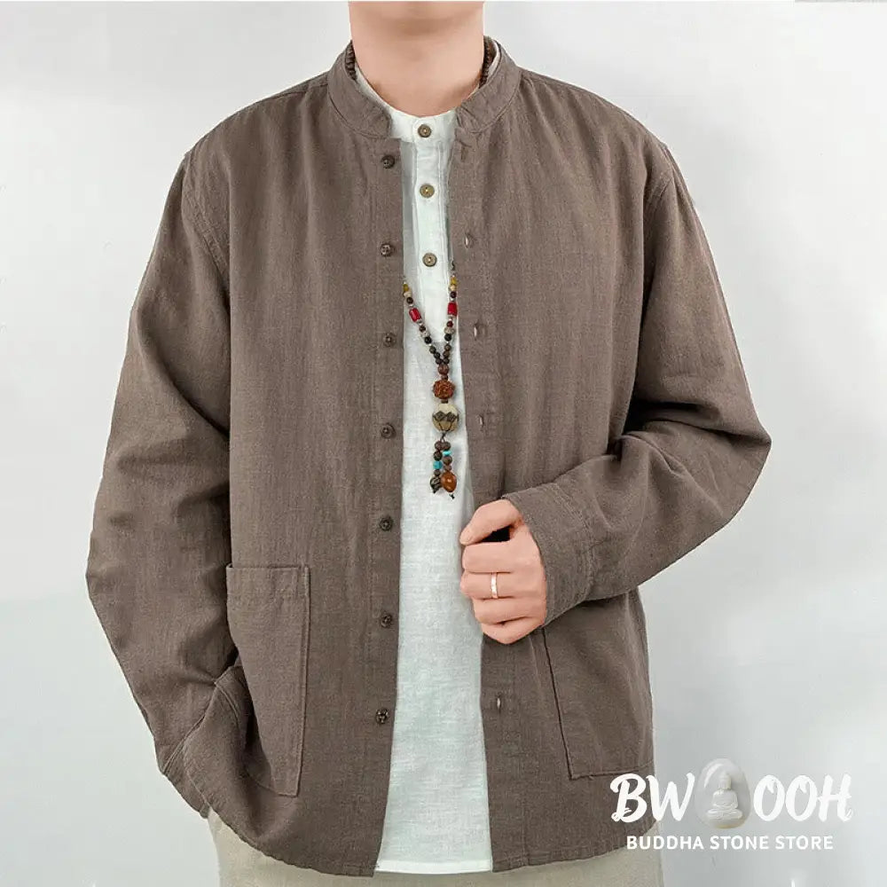 Buddha Stones Casual Solid Color Ramie Linen Cotton Men’s Shirt With Pockets - Men’s Shirts