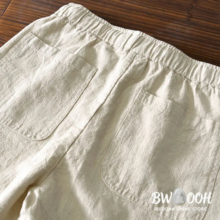 Buddha Stones Casual Solid Color Simple Design Drawstring Ramie Linen Men’s Pants With Pockets - Men’s Pants