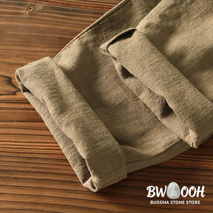 Buddha Stones Casual Solid Color Simple Design Drawstring Ramie Linen Men’s Pants With Pockets - Men’s Pants