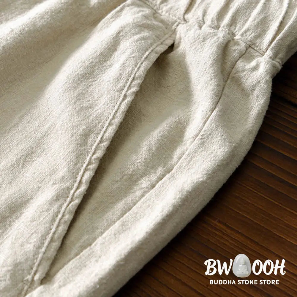 Buddha Stones Casual Solid Color Simple Design Drawstring Ramie Linen Men’s Pants With Pockets - Men’s Pants