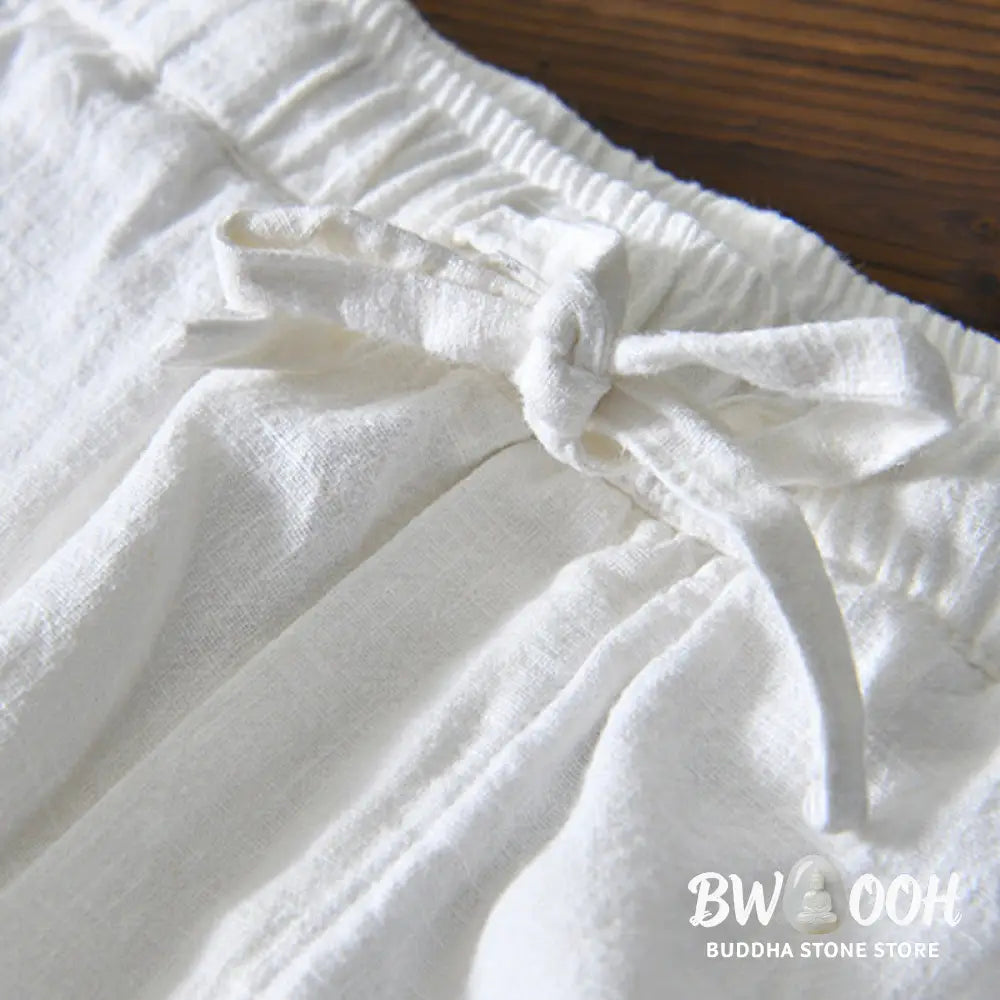 Buddha Stones Casual Solid Color Simple Design Drawstring Ramie Linen Men’s Pants With Pockets - Men’s Pants
