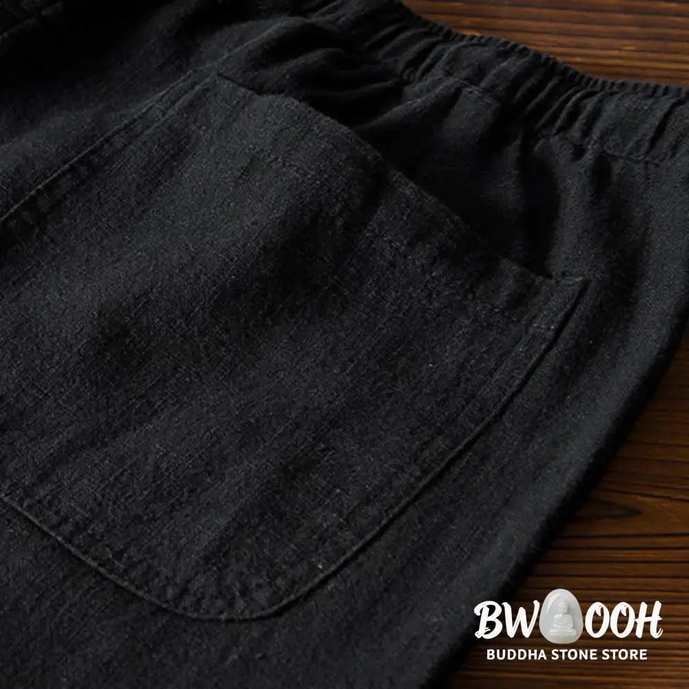 Buddha Stones Casual Solid Color Simple Design Drawstring Ramie Linen Men’s Pants With Pockets - Men’s Pants