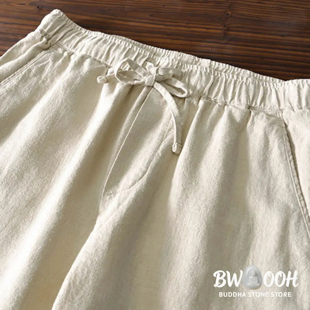 Buddha Stones Casual Solid Color Simple Design Drawstring Ramie Linen Men’s Pants With Pockets - Men’s Pants