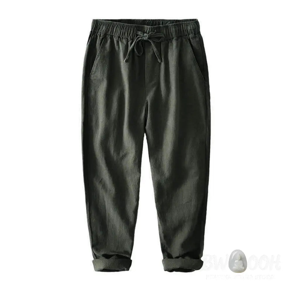 Buddha Stones Casual Solid Color Simple Design Drawstring Ramie Linen Men’s Pants With Pockets - Men’s Pants