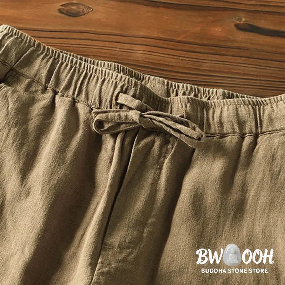 Buddha Stones Casual Solid Color Simple Design Drawstring Ramie Linen Men’s Pants With Pockets - Men’s Pants