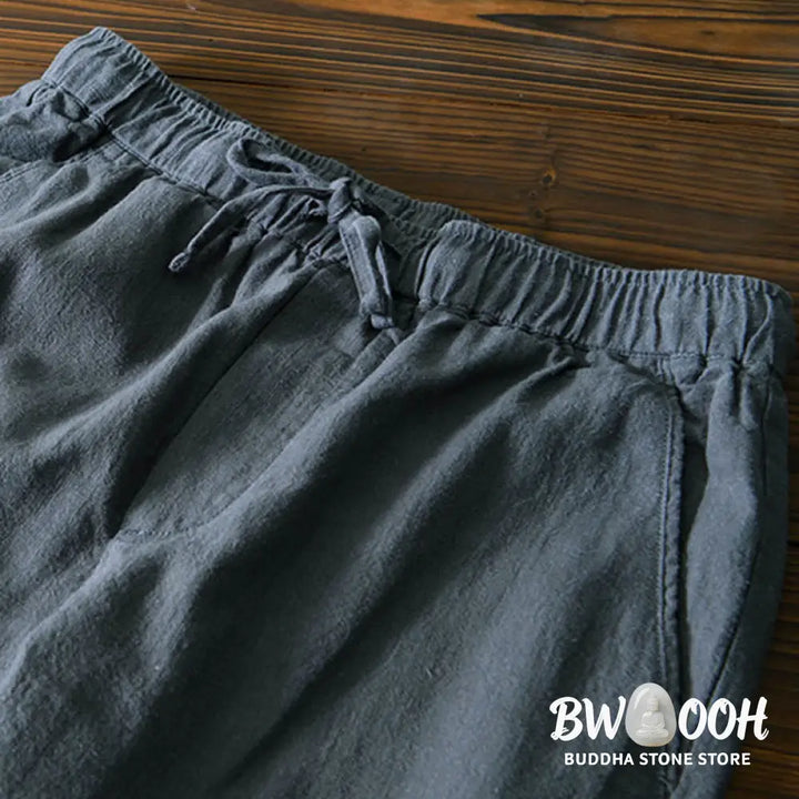 Buddha Stones Casual Solid Color Simple Design Drawstring Ramie Linen Men’s Pants With Pockets - Men’s Pants