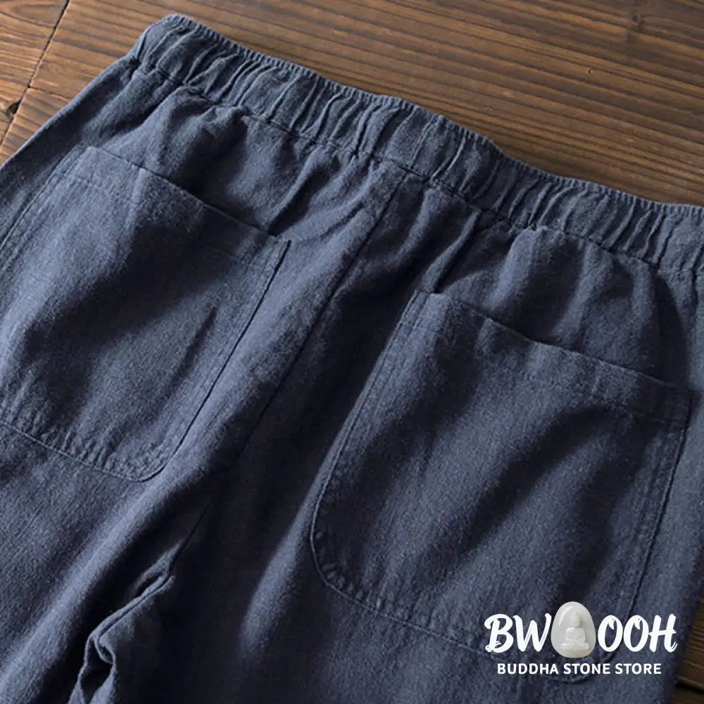Buddha Stones Casual Solid Color Simple Design Drawstring Ramie Linen Men’s Pants With Pockets - Men’s Pants
