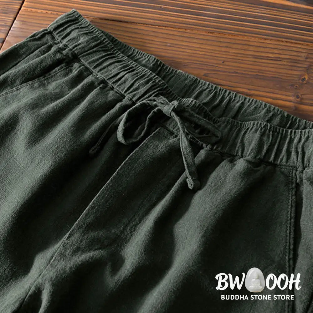 Buddha Stones Casual Solid Color Simple Design Drawstring Ramie Linen Men’s Pants With Pockets - Men’s Pants