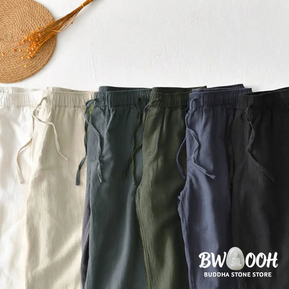 Buddha Stones Casual Solid Color Simple Design Drawstring Ramie Linen Men’s Pants With Pockets - Men’s Pants