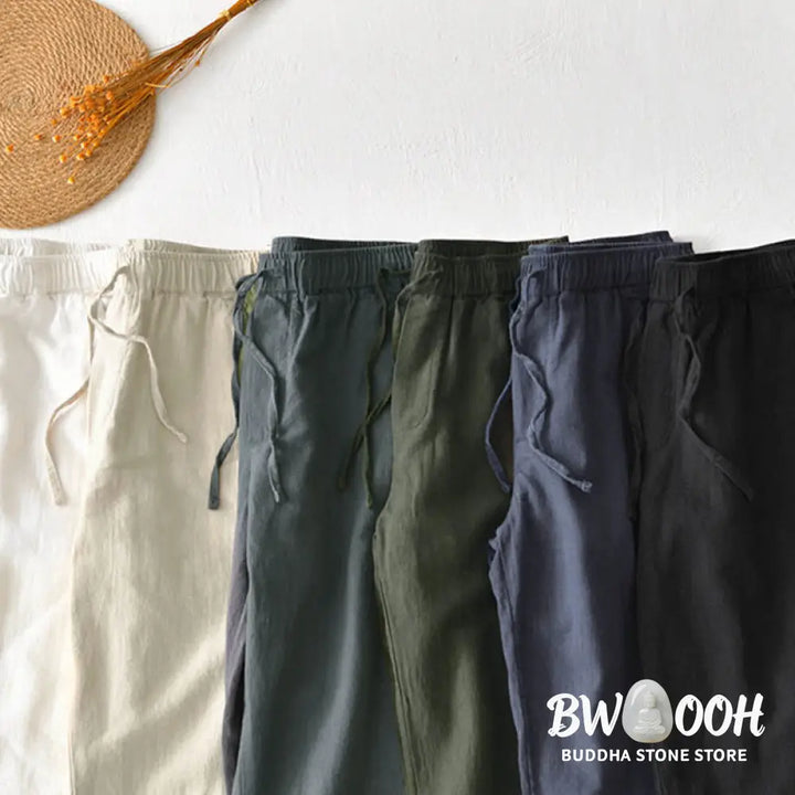 Buddha Stones Casual Solid Color Simple Design Drawstring Ramie Linen Men’s Pants With Pockets - Men’s Pants