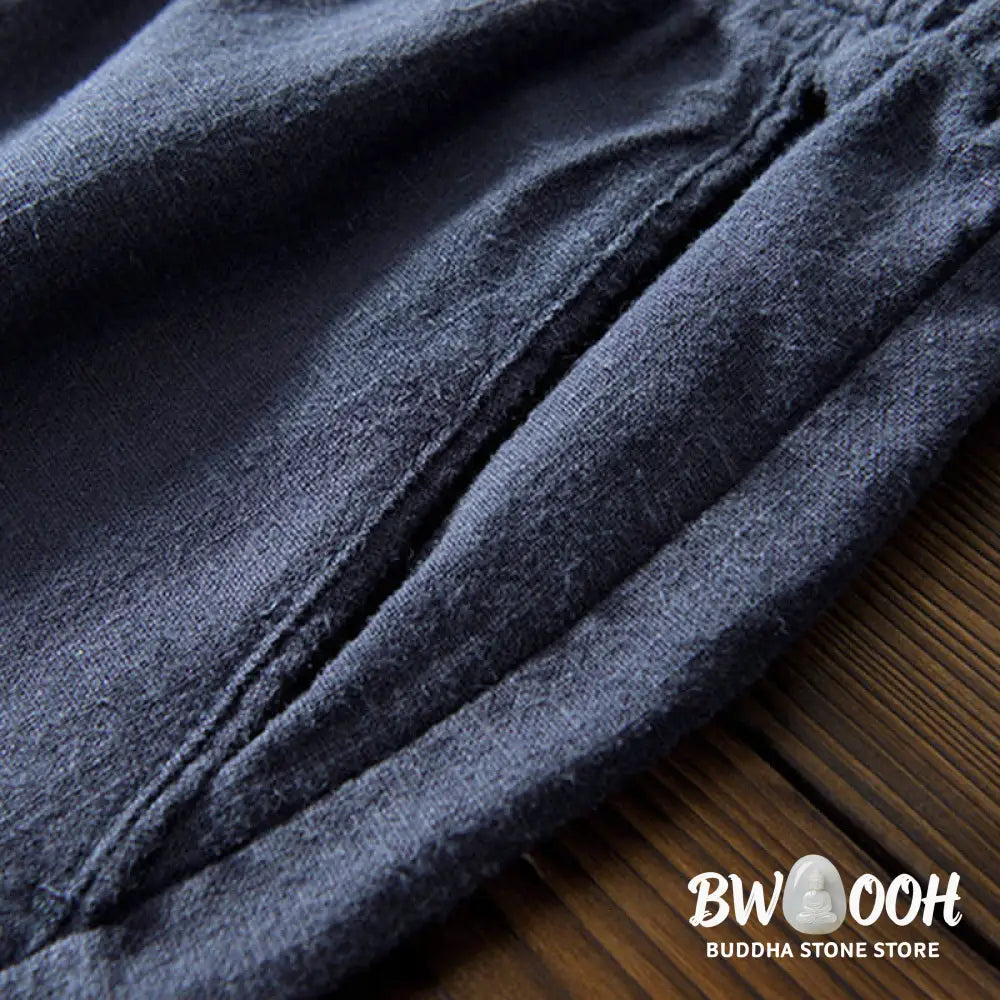 Buddha Stones Casual Solid Color Simple Design Drawstring Ramie Linen Men’s Pants With Pockets - Men’s Pants