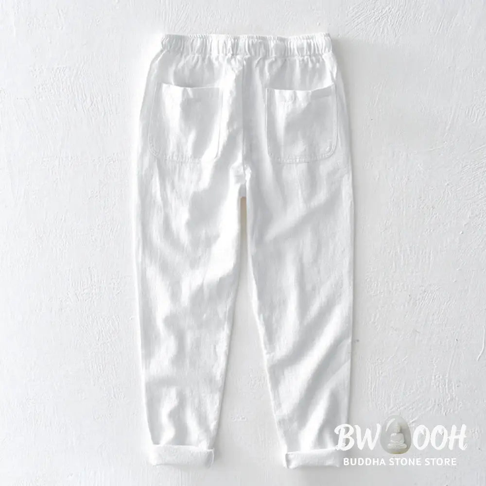 Buddha Stones Casual Solid Color Simple Design Drawstring Ramie Linen Men’s Pants With Pockets - Men’s Pants