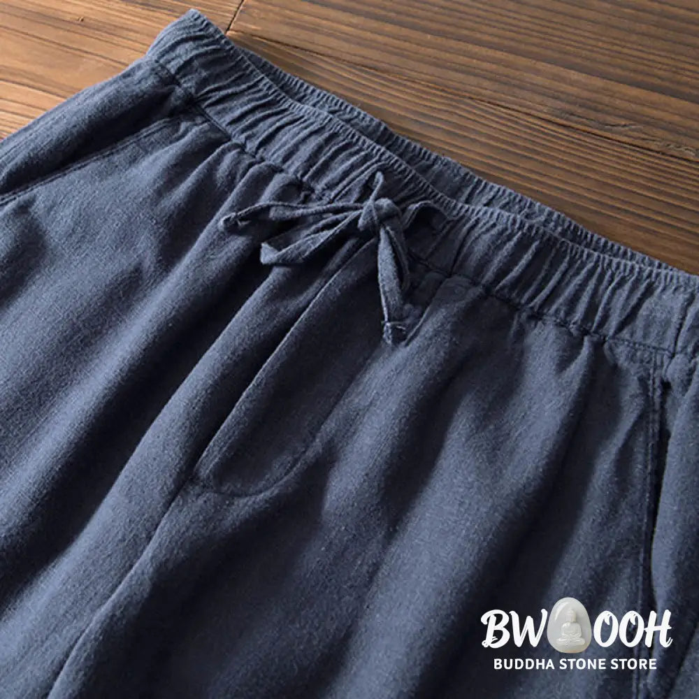 Buddha Stones Casual Solid Color Simple Design Drawstring Ramie Linen Men’s Pants With Pockets - Men’s Pants