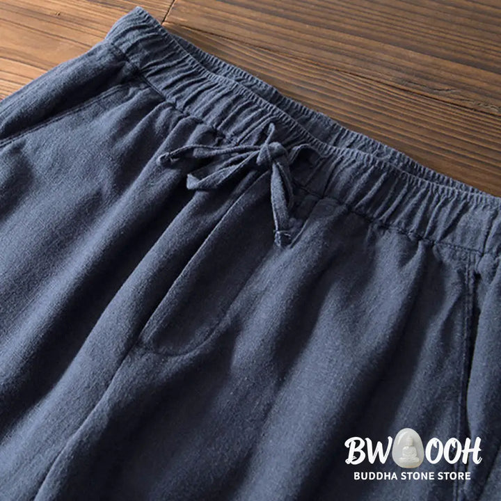 Buddha Stones Casual Solid Color Simple Design Drawstring Ramie Linen Men’s Pants With Pockets - Men’s Pants