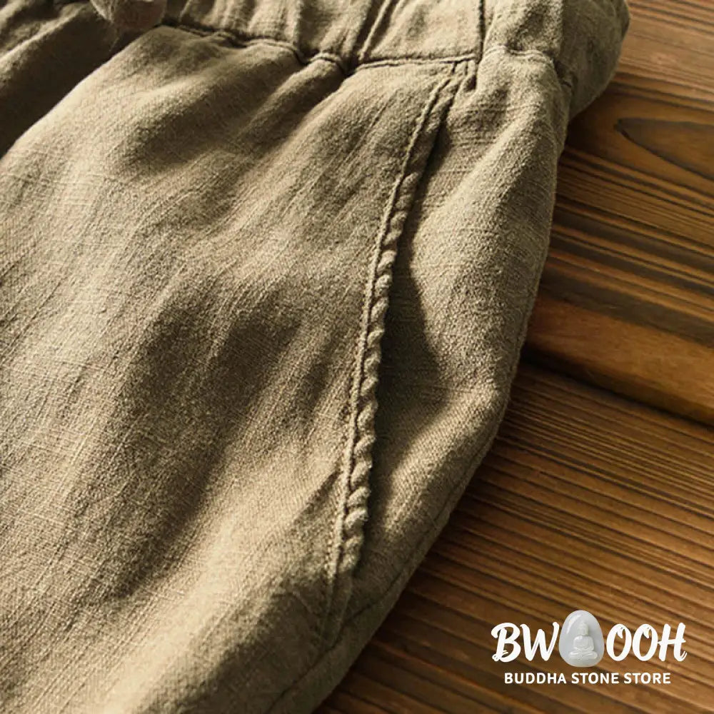Buddha Stones Casual Solid Color Simple Design Drawstring Ramie Linen Men’s Pants With Pockets - Men’s Pants