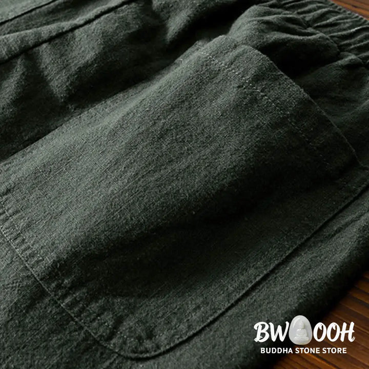 Buddha Stones Casual Solid Color Simple Design Drawstring Ramie Linen Men’s Pants With Pockets - Men’s Pants