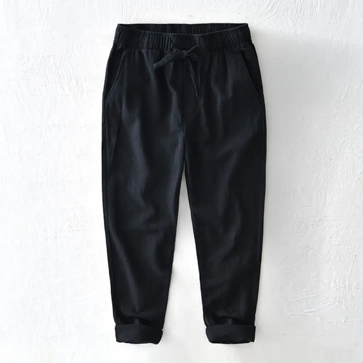 Buddha Stones Casual Solid Color Simple Design Drawstring Ramie Linen Men’s Pants With Pockets - Black