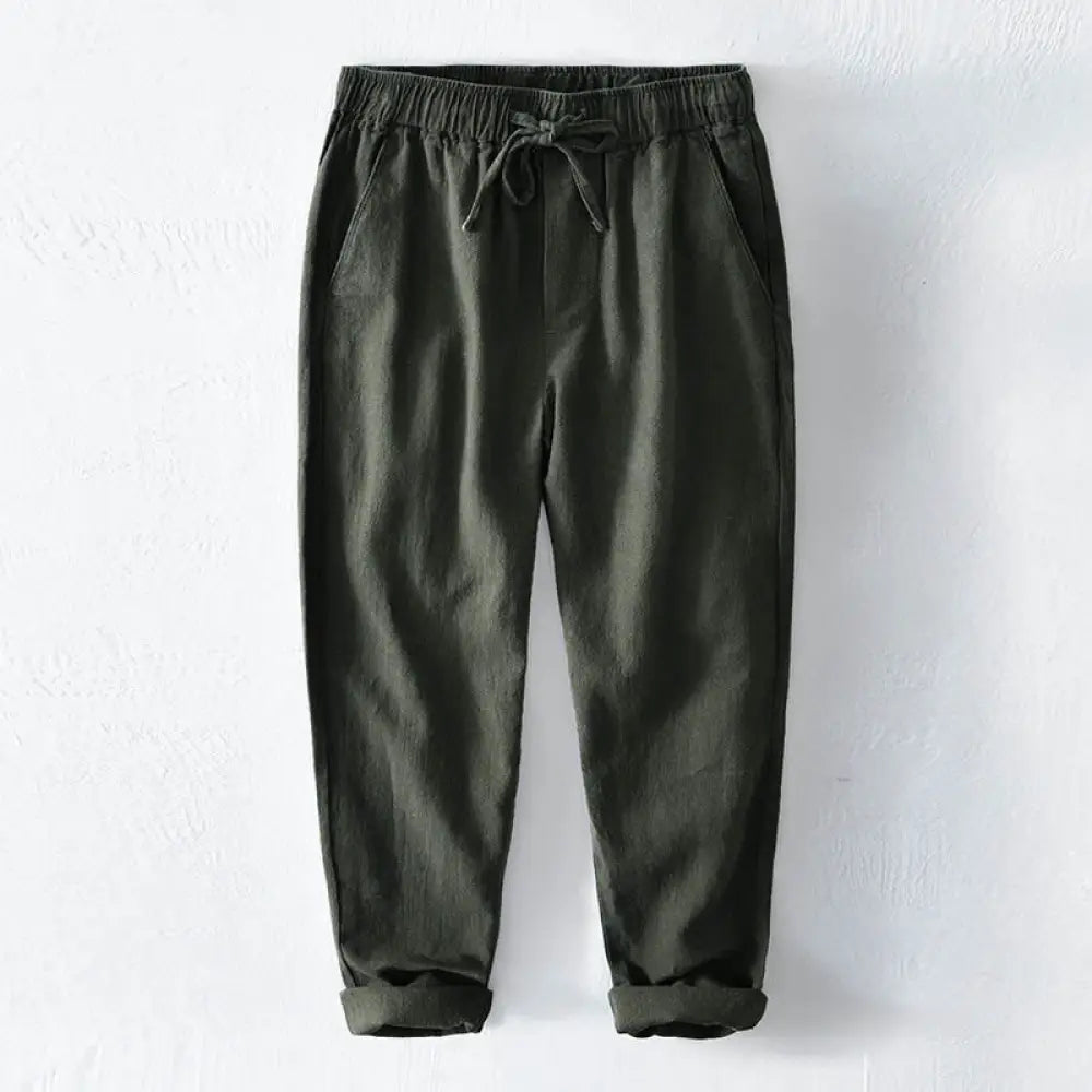 Buddha Stones Casual Solid Color Simple Design Drawstring Ramie Linen Men’s Pants With Pockets - ForestGreen
