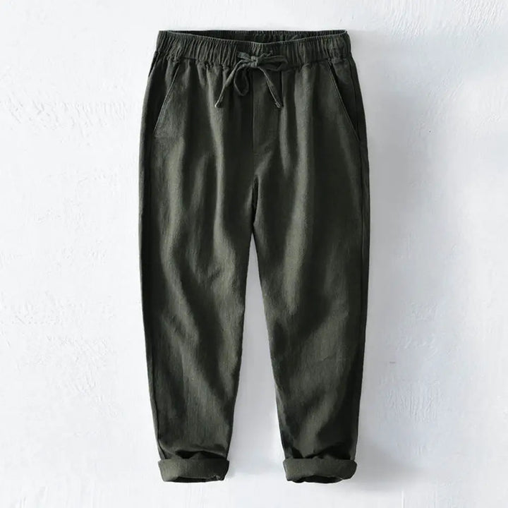 Buddha Stones Casual Solid Color Simple Design Drawstring Ramie Linen Men’s Pants With Pockets - ForestGreen