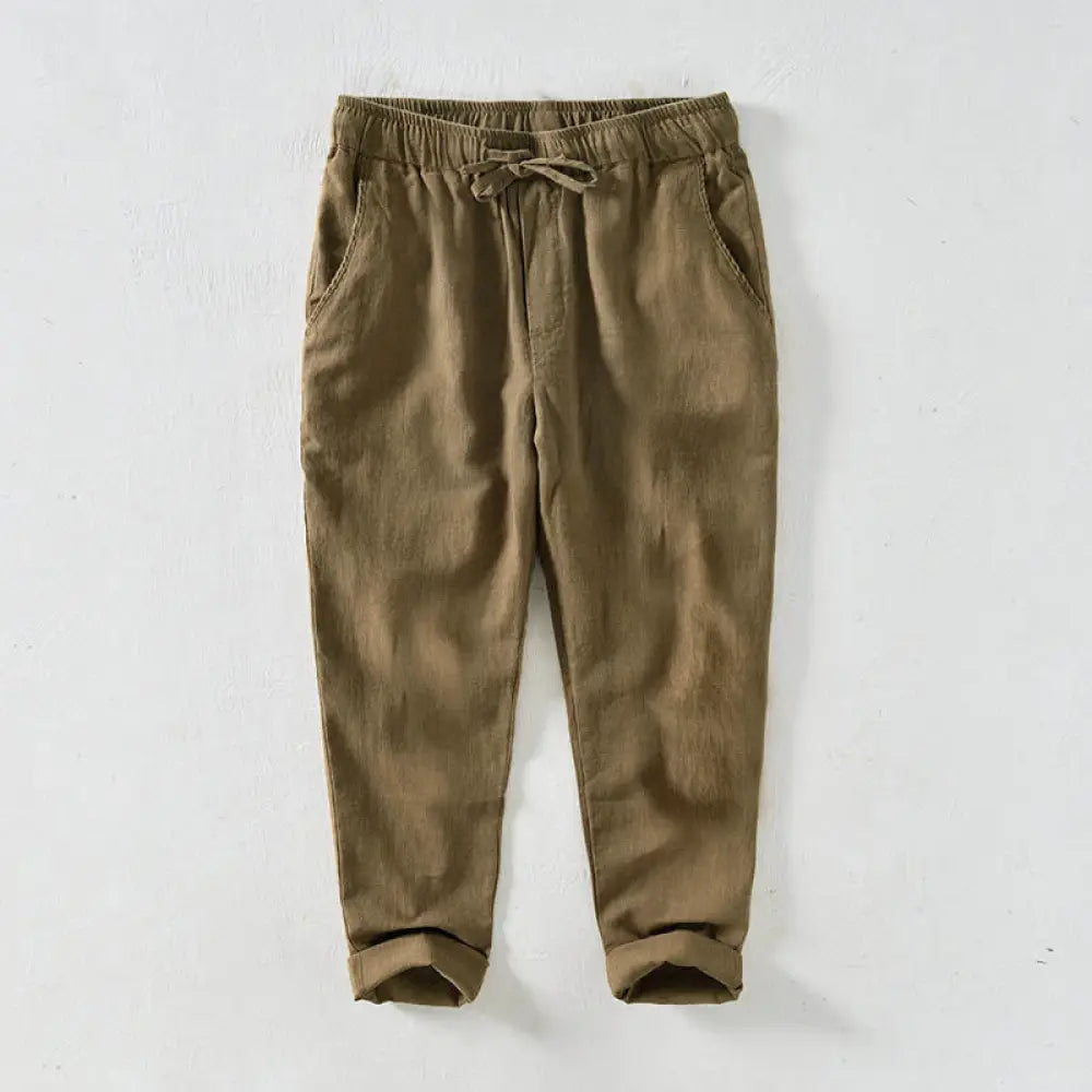 Buddha Stones Casual Solid Color Simple Design Drawstring Ramie Linen Men’s Pants With Pockets - Goldenrod