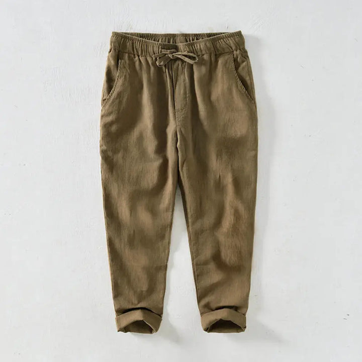 Buddha Stones Casual Solid Color Simple Design Drawstring Ramie Linen Men’s Pants With Pockets - Goldenrod