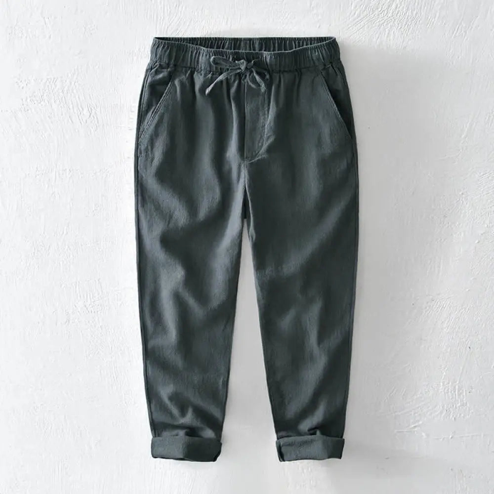 Buddha Stones Casual Solid Color Simple Design Drawstring Ramie Linen Men’s Pants With Pockets - LightSlateGray