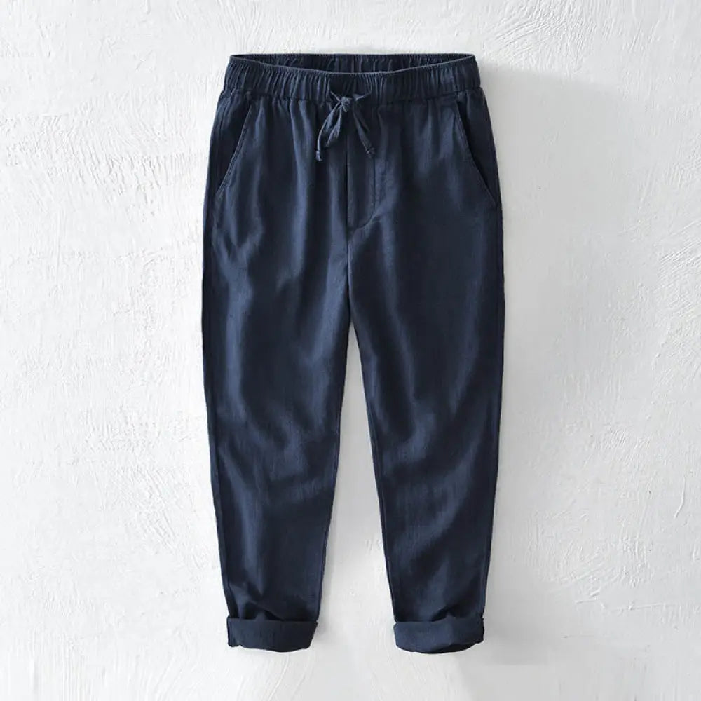 Buddha Stones Casual Solid Color Simple Design Drawstring Ramie Linen Men’s Pants With Pockets - Navy / US/UK/AU36，EU46