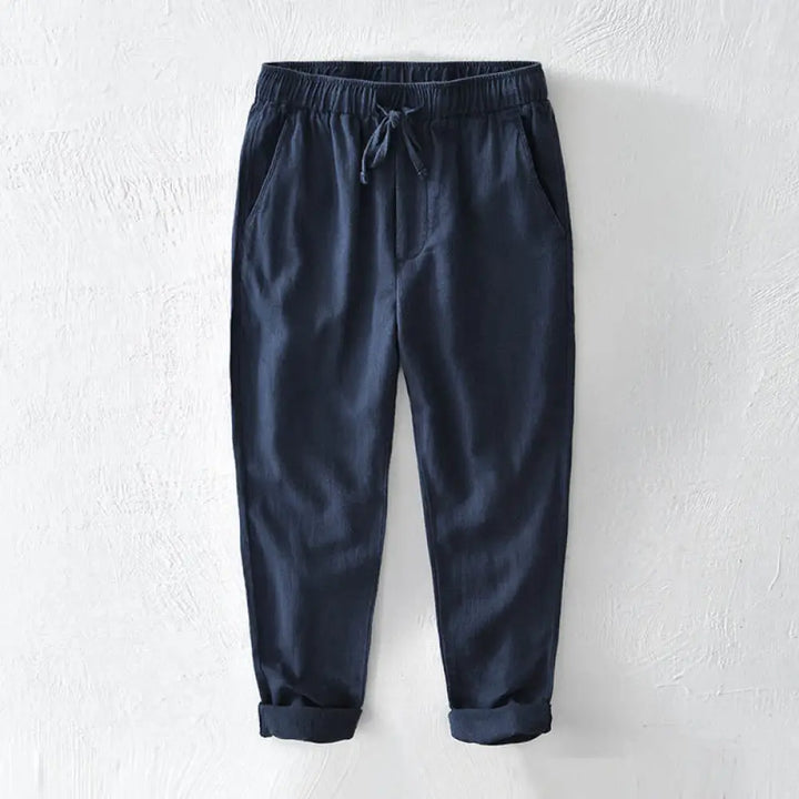 Buddha Stones Casual Solid Color Simple Design Drawstring Ramie Linen Men’s Pants With Pockets - Navy / US/UK/AU36，EU46