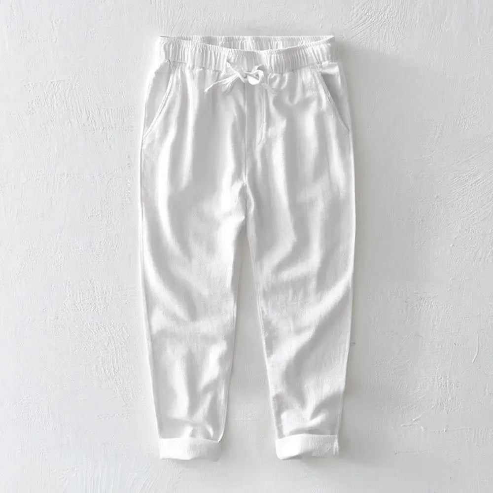 Buddha Stones Casual Solid Color Simple Design Drawstring Ramie Linen Men’s Pants With Pockets - White