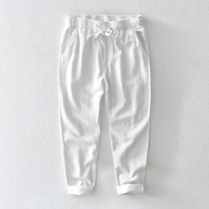 Buddha Stones Casual Solid Color Simple Design Drawstring Ramie Linen Men’s Pants With Pockets - White