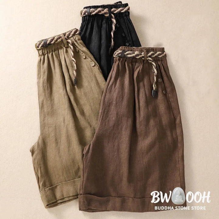 Buddha Stones Casual Solid Color Turn Up Cuff Belt Cotton Linen Women’s Shorts With Pockets - Women’s Shorts