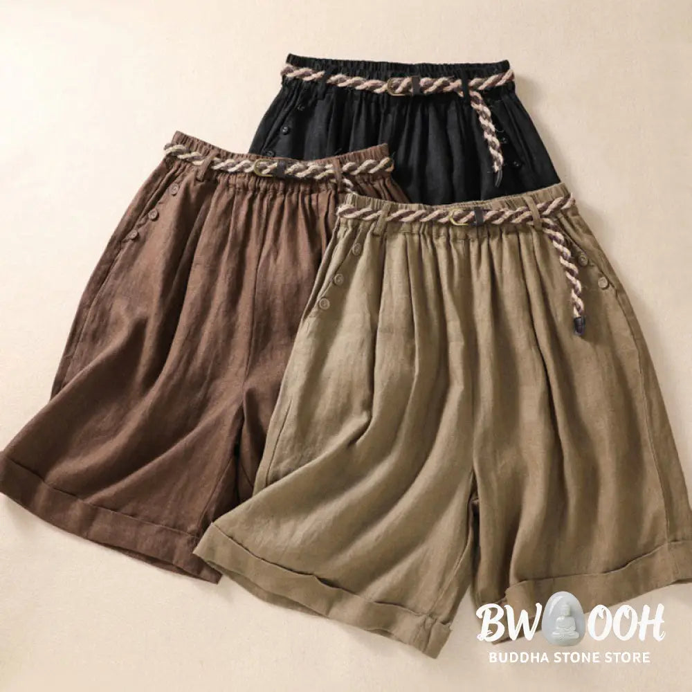 Buddha Stones Casual Solid Color Turn Up Cuff Belt Cotton Linen Women’s Shorts With Pockets - Women’s Shorts