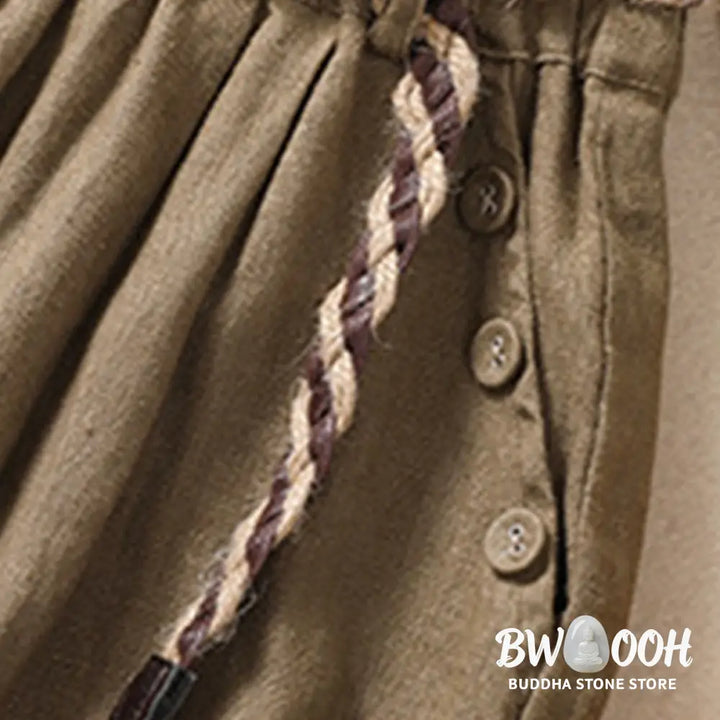 Buddha Stones Casual Solid Color Turn Up Cuff Belt Cotton Linen Women’s Shorts With Pockets - Women’s Shorts