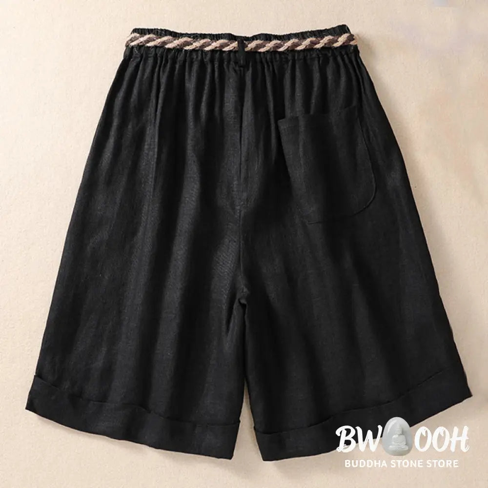 Buddha Stones Casual Solid Color Turn Up Cuff Belt Cotton Linen Women’s Shorts With Pockets - Women’s Shorts