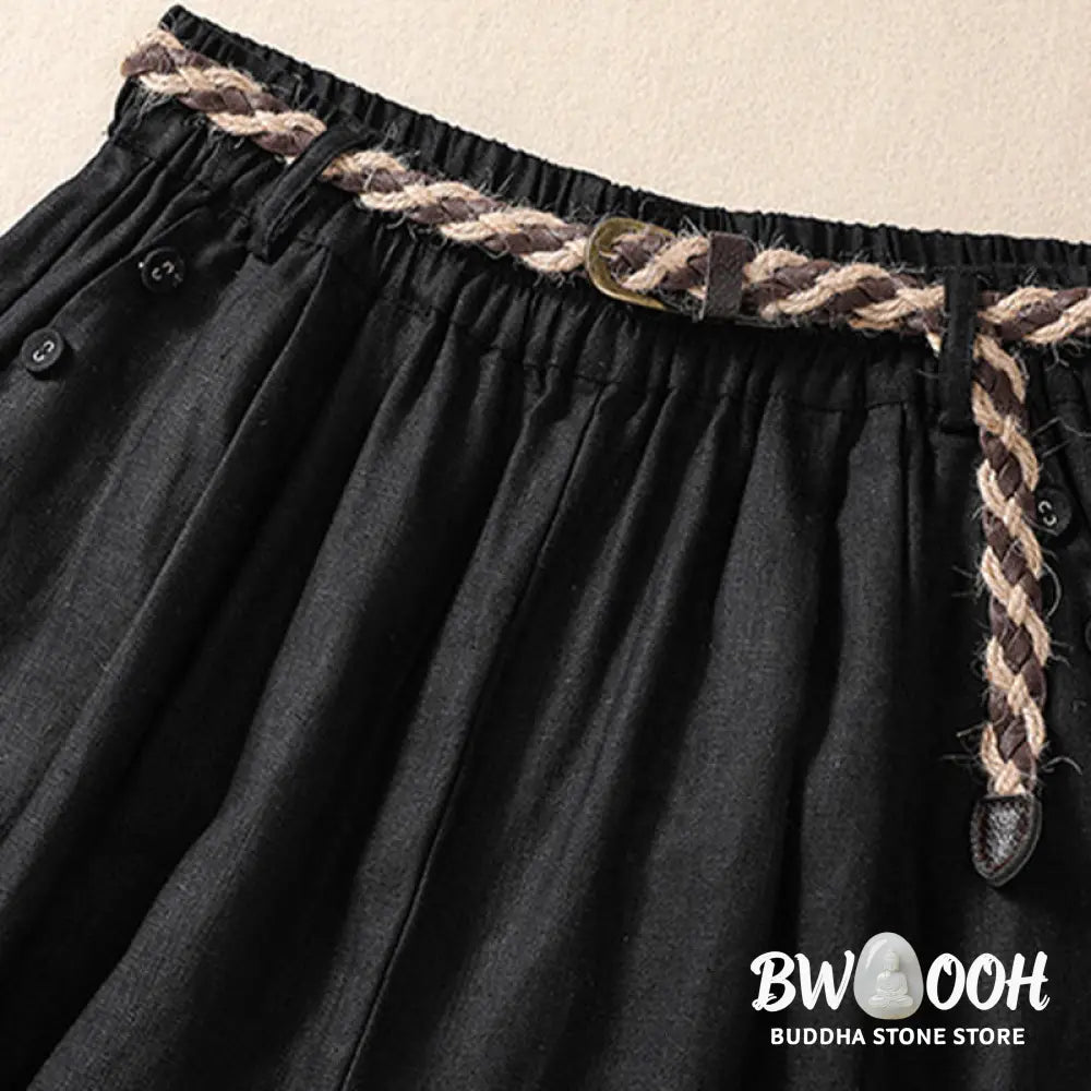 Buddha Stones Casual Solid Color Turn Up Cuff Belt Cotton Linen Women’s Shorts With Pockets - Women’s Shorts
