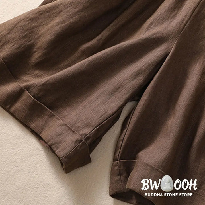 Buddha Stones Casual Solid Color Turn Up Cuff Belt Cotton Linen Women’s Shorts With Pockets - Women’s Shorts