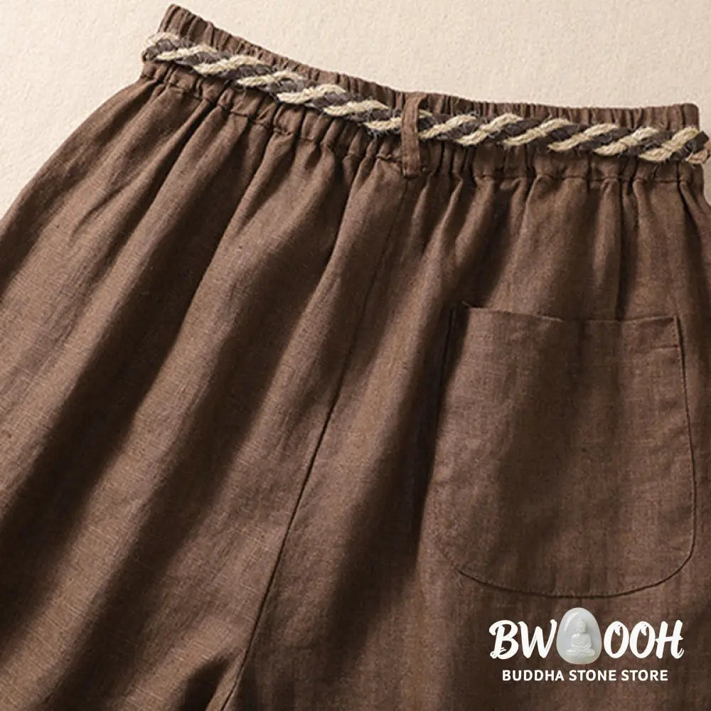 Buddha Stones Casual Solid Color Turn Up Cuff Belt Cotton Linen Women’s Shorts With Pockets - Women’s Shorts