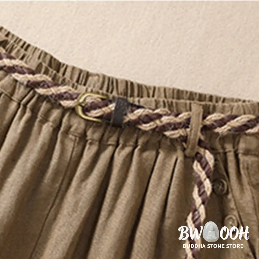 Buddha Stones Casual Solid Color Turn Up Cuff Belt Cotton Linen Women’s Shorts With Pockets - Women’s Shorts