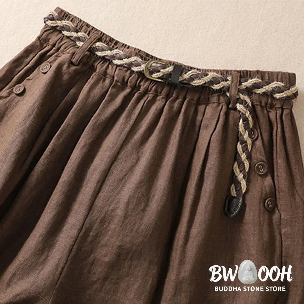 Buddha Stones Casual Solid Color Turn Up Cuff Belt Cotton Linen Women’s Shorts With Pockets - Women’s Shorts